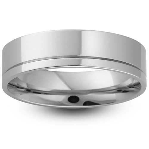 Mens Groove 9ct White Gold Wedding Ring -  6mm Flat Court - Price From £345