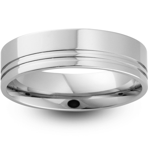 Mens Groove 18ct White Gold Wedding Ring -  6mm Flat Court - Price From £725