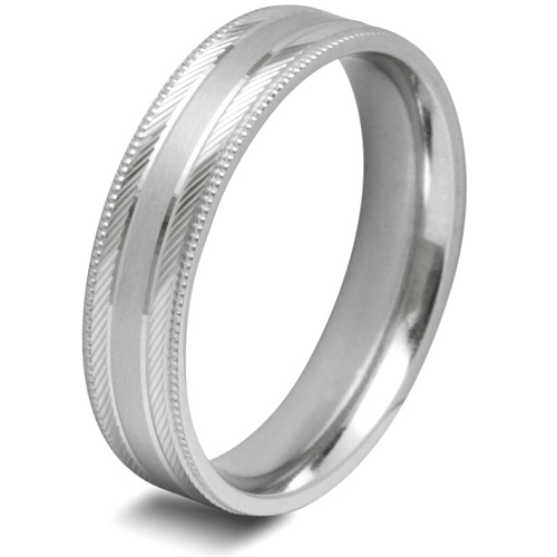 Mens Patterned 18ct White Gold Wedding Ring -  6mm Flat Court - Price From £725