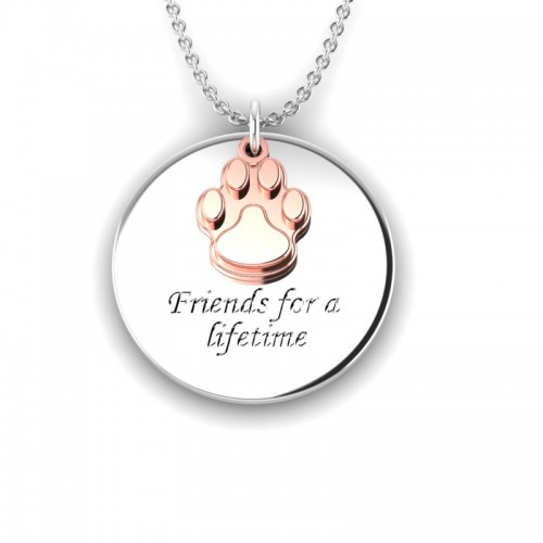 Love is a Moment - "Friends" engraved message pendant and chain in sterling silver with rose gold plated charm
