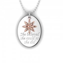 Love is a Moment - "She believed" engraved message pendant and chain in sterling silver with rose gold plated charm