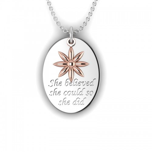 Love is a Moment - "She believed" engraved message pendant and chain in sterling silver with rose gold plated charm