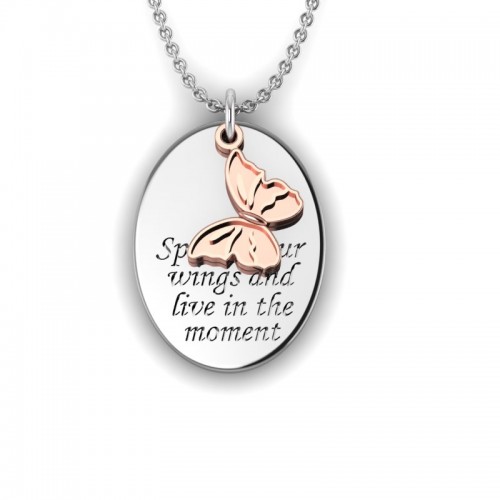 Love is a Moment - "Spread your Wings" engraved message pendant and chain in sterling silver with rose gold plated charm