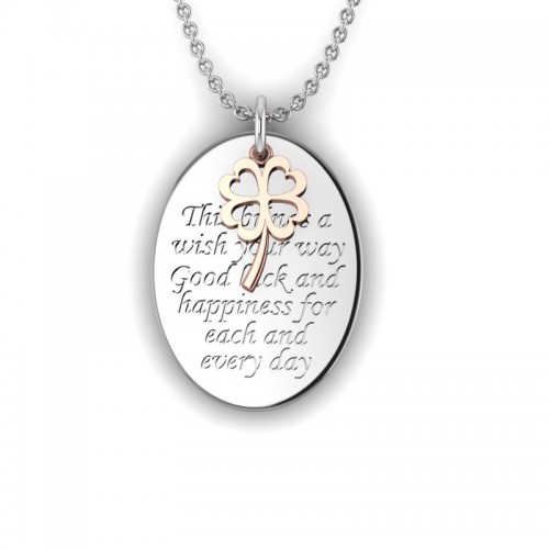 Love is a Moment - Good Luck engraved message pendant and chain in sterling silver with rose gold plated charm
